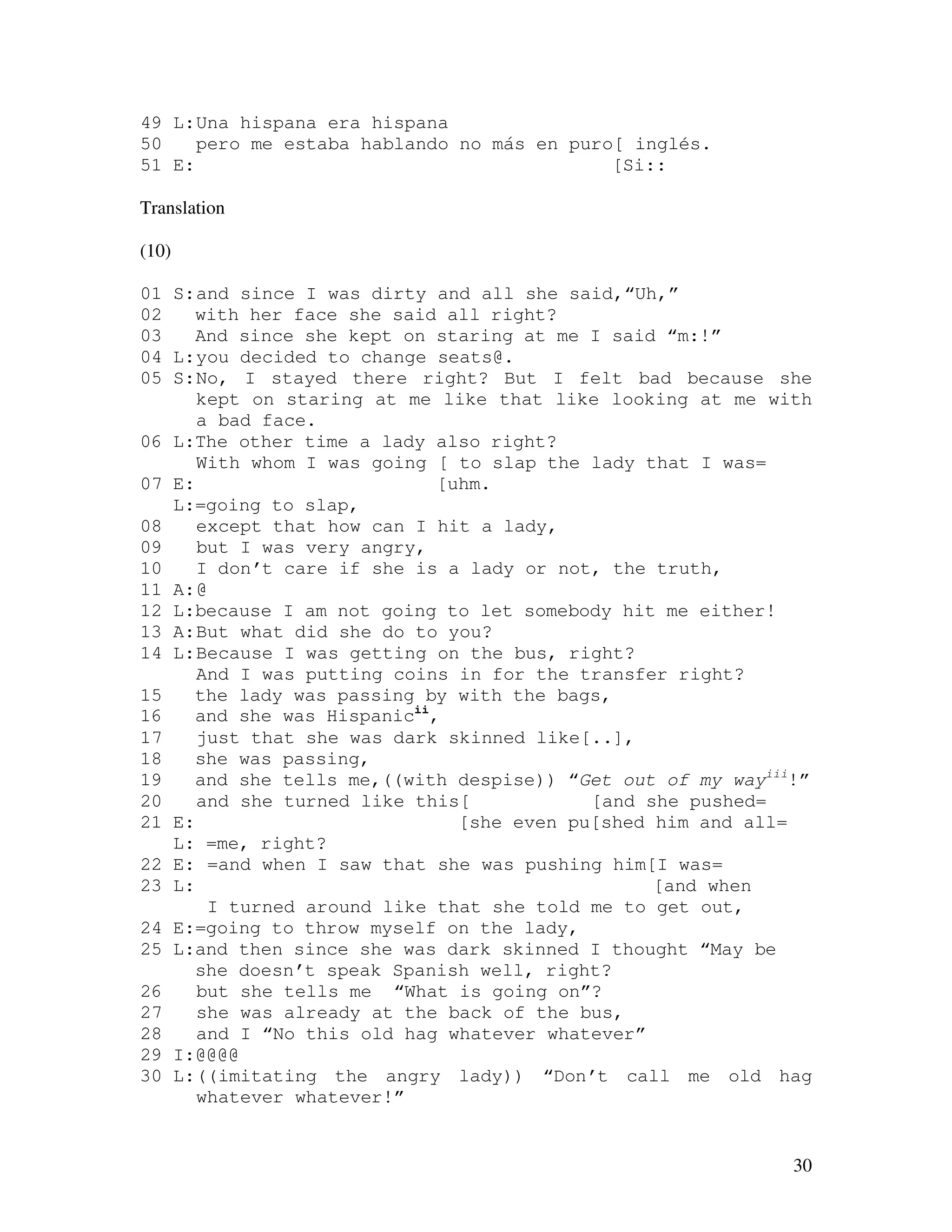 30
49 L:Una hispana era hispana
50 pero me estaba hablando no más en puro[ inglés.
51 E: [Si::
Translation
(10)
01 S:and since I was dirty and all she said,“Uh,”
02 with her face she said all right?
03 And since she kept on staring at me I said “m:!”
04 L:you decided to change seats@.
05 S:No, I stayed there right? But I felt bad because she
kept on staring at me like that like looking at me with
a bad face.
06 L:The other time a lady also right?
With whom I was going [ to slap the lady that I was=
07 E: [uhm.
L:=going to slap,
08 except that how can I hit a lady,
09 but I was very angry,
10 I don’t care if she is a lady or not, the truth,
11 A:@
12 L:because I am not going to let somebody hit me either!
13 A:But what did she do to you?
14 L:Because I was getting on the bus, right?
And I was putting coins in for the transfer right?
15 the lady was passing by with the bags,
16 and she was Hispanicii
,
17 just that she was dark skinned like[..],
18 she was passing,
19 and she tells me,((with despise)) “Get out of my wayiii
!”
20 and she turned like this[ [and she pushed=
21 E: [she even pu[shed him and all=
L: =me, right?
22 E: =and when I saw that she was pushing him[I was=
23 L: [and when
I turned around like that she told me to get out,
24 E:=going to throw myself on the lady,
25 L:and then since she was dark skinned I thought “May be
she doesn’t speak Spanish well, right?
26 but she tells me “What is going on”?
27 she was already at the back of the bus,
28 and I “No this old hag whatever whatever”
29 I:@@@@
30 L:((imitating the angry lady)) “Don’t call me old hag
whatever whatever!”
 