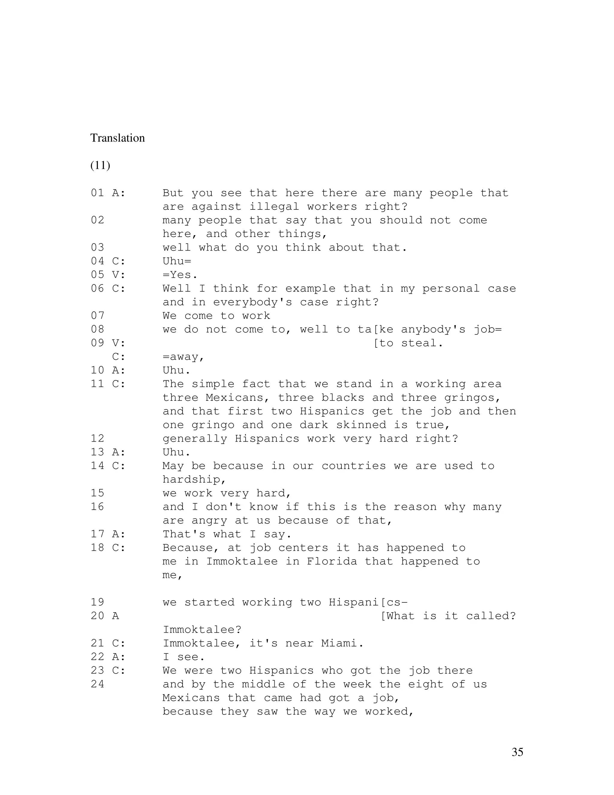 35
Translation
(11)
01 A: But you see that here there are many people that
are against illegal workers right?
02 many people that say that you should not come
here, and other things,
03 well what do you think about that.
04 C: Uhu=
05 V: =Yes.
06 C: Well I think for example that in my personal case
and in everybody's case right?
07 We come to work
08 we do not come to, well to ta[ke anybody's job=
09 V: [to steal.
C: =away,
10 A: Uhu.
11 C: The simple fact that we stand in a working area
three Mexicans, three blacks and three gringos,
and that first two Hispanics get the job and then
one gringo and one dark skinned is true,
12 generally Hispanics work very hard right?
13 A: Uhu.
14 C: May be because in our countries we are used to
hardship,
15 we work very hard,
16 and I don't know if this is the reason why many
are angry at us because of that,
17 A: That's what I say.
18 C: Because, at job centers it has happened to
me in Immoktalee in Florida that happened to
me,
19 we started working two Hispani[cs-
20 A [What is it called?
Immoktalee?
21 C: Immoktalee, it's near Miami.
22 A: I see.
23 C: We were two Hispanics who got the job there
24 and by the middle of the week the eight of us
Mexicans that came had got a job,
because they saw the way we worked,
 