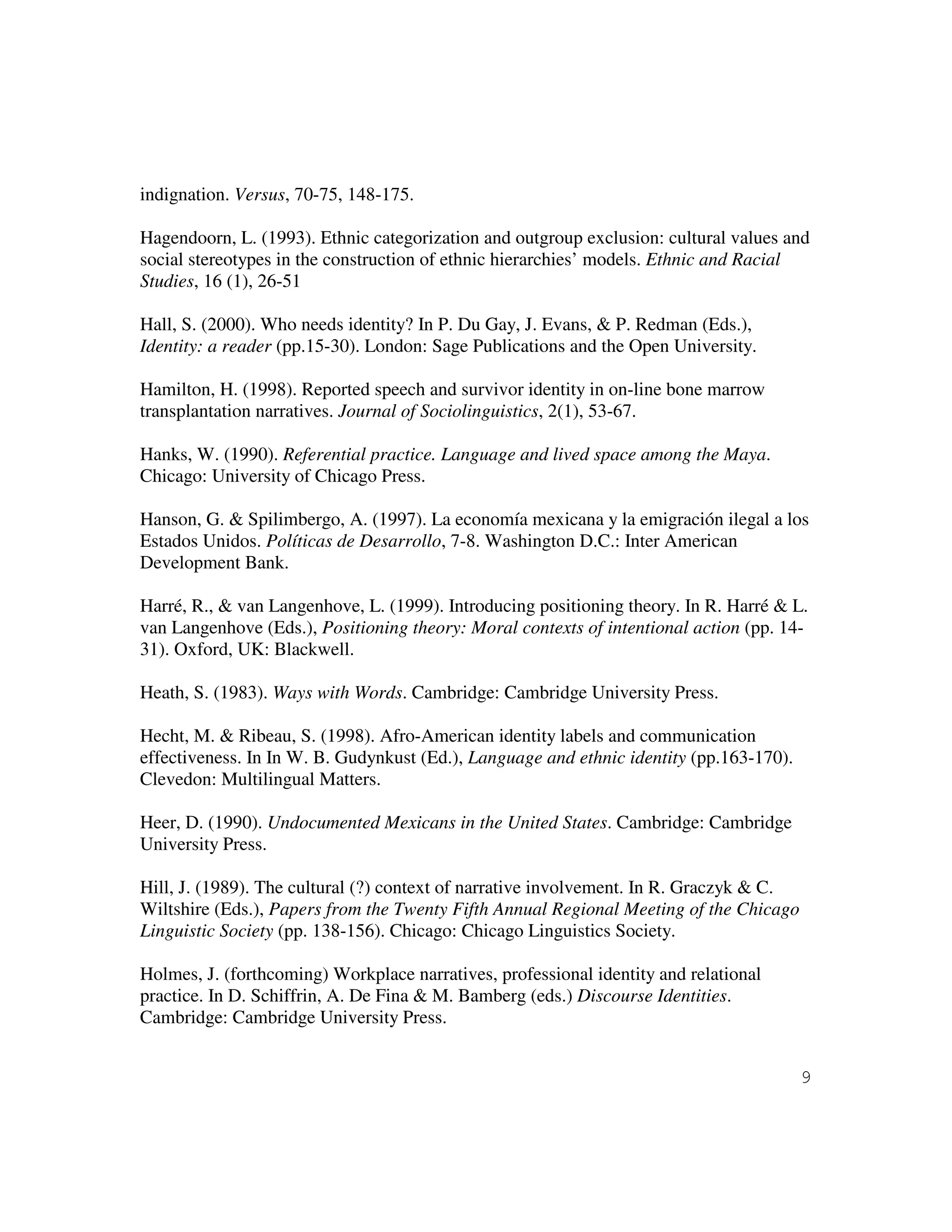 9
indignation. Versus, 70-75, 148-175.
Hagendoorn, L. (1993). Ethnic categorization and outgroup exclusion: cultural values and
social stereotypes in the construction of ethnic hierarchies’ models. Ethnic and Racial
Studies, 16 (1), 26-51
Hall, S. (2000). Who needs identity? In P. Du Gay, J. Evans, & P. Redman (Eds.),
Identity: a reader (pp.15-30). London: Sage Publications and the Open University.
Hamilton, H. (1998). Reported speech and survivor identity in on-line bone marrow
transplantation narratives. Journal of Sociolinguistics, 2(1), 53-67.
Hanks, W. (1990). Referential practice. Language and lived space among the Maya.
Chicago: University of Chicago Press.
Hanson, G. & Spilimbergo, A. (1997). La economía mexicana y la emigración ilegal a los
Estados Unidos. Políticas de Desarrollo, 7-8. Washington D.C.: Inter American
Development Bank.
Harré, R., & van Langenhove, L. (1999). Introducing positioning theory. In R. Harré & L.
van Langenhove (Eds.), Positioning theory: Moral contexts of intentional action (pp. 14-
31). Oxford, UK: Blackwell.
Heath, S. (1983). Ways with Words. Cambridge: Cambridge University Press.
Hecht, M. & Ribeau, S. (1998). Afro-American identity labels and communication
effectiveness. In In W. B. Gudynkust (Ed.), Language and ethnic identity (pp.163-170).
Clevedon: Multilingual Matters.
Heer, D. (1990). Undocumented Mexicans in the United States. Cambridge: Cambridge
University Press.
Hill, J. (1989). The cultural (?) context of narrative involvement. In R. Graczyk & C.
Wiltshire (Eds.), Papers from the Twenty Fifth Annual Regional Meeting of the Chicago
Linguistic Society (pp. 138-156). Chicago: Chicago Linguistics Society.
Holmes, J. (forthcoming) Workplace narratives, professional identity and relational
practice. In D. Schiffrin, A. De Fina & M. Bamberg (eds.) Discourse Identities.
Cambridge: Cambridge University Press.
 