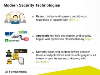 5
Modern Security Technologies
■ Users: Understanding users and devices,
regardless of location with User-ID
■ Applications: Safe enablement and security
begins with application classification by App-ID.
■ Content: Scanning content flowing between
Users and Applications and protecting against all
threats – both known and unknown; with
Content-ID
 
