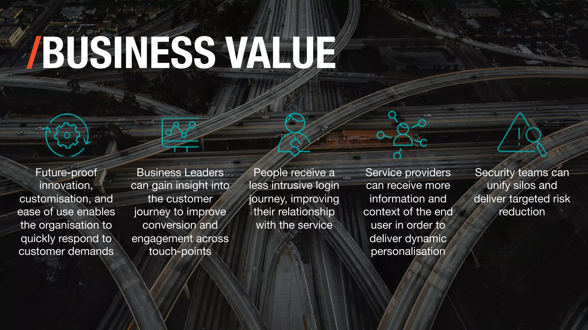 /BUSINESS VALUE
Future-proof
innovation,
customisation, and
ease of use enables
the organisation to
quickly respond to
customer demands
People receive a
less intrusive login
journey, improving
their relationship
with the service
Security teams can
unify silos and
deliver targeted risk
reduction
Service providers
can receive more
information and
context of the end
user in order to
deliver dynamic
personalisation
Business Leaders
can gain insight into
the customer
journey to improve
conversion and
engagement across
touch-points
 