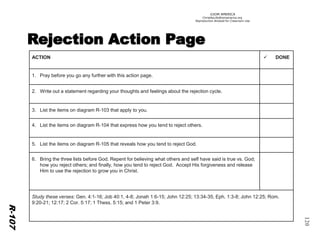 ©IOM AMERICA 
ChristAsLife@iomamerica.org 
Reproduction Allowed for Classroom Use 
120 
R-107 
ACTION 
DONE 
1.Pray before you go any further with this action page. 
2. Write out a statement regarding your thoughts and feelings about the rejection cycle. 
3. List the items on diagram R-103 that apply to you. 
4. List the items on diagram R-104 that express how you tend to reject others. 
5. List the items on diagram R-105 that reveals how you tend to reject God. 
6.Bring the three lists before God. Repent for believing what others and self have said is true vs. God; how you reject others; and finally, how you tend to reject God. Accept His forgiveness and release Him to use the rejection to grow you in Christ. 
Study these verses:Gen. 4:1-16; Job 40:1, 4-8; Jonah 1:6-15; John 12:25; 13:34-35; Eph. 1:3-8; John 12:25; Rom. 9:20-21; 12:17; 2 Cor. 5:17; 1 Thess. 5:15; and 1 Peter 3:9.  