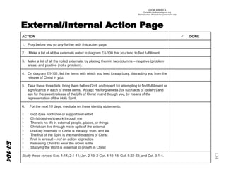 ©IOM AMERICA 
ChristAsLife@iomamerica.org 
Reproduction Allowed for Classroom Use 
134 
E/I-104 
ACTION 
DONE 
1.Pray before you go any further with this action page. 
2. Make a list of all the externals noted in diagram E/I-100 that you tend to find fulfillment. 
3.Make a list of all the noted externals, by placing them in two columns –negative (problem areas) and positive (not a problem). 
4.On diagram E/I-101, list the items with which you tend to stay busy, distracting you from the release of Christ in you. 
5.Take these three lists, bring them before God, and repent for attempting to find fulfillment or significance in each of these items. Accept His forgiveness (for such acts of idolatry) and ask for the sweet release of the Life of Christ in and though you, by means of the representation of the Holy Spirit. 
6. For the next 10 days, meditate on these identity statements: 
†God does nothonor or support self-effort 
†Christ desires to work through me 
†There is no life in external people, places, or things 
†Christ can live through me in spite of the external 
†Looking internally to Christ is the way, truth, and life 
†The fruit of the Spirit is the manifestations of Christ 
†Fruit is a result –notan action to practice 
†Releasing Christ to wear the crown is life 
†Studying the Word is essential to growth in Christ 
Study these verses: Ecc. 1:14; 2:1-11; Jer. 2:13; 2 Cor. 4:16-18; Gal. 5:22-23; and Col. 3:1-4.  