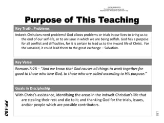 ©IOM AMERICA 
ChristAsLife@iomamerica.org 
Reproduction Allowed for Classroom Use 
138 
PP-100 
Key Truth: Problems 
IndweltChristians need problems! God allows problems or trials in our lives to bring us to the end of our self-life, or to an issue in which we are being selfish. God has a purpose for all conflict and difficulties, for it is certain to lead us to the inward life of Christ. For the unsaved, it could lead them to the great exchange –Salvation. 
Key Verse 
Romans 8:28 –“And we know that God causes all things to work together for good to those who love God, to those who are called according to His purpose.” 
Goals in Discipleship 
With Christ’s assistance, identifying the areas in the indwelt Christian’s life that are stealing their rest and die to it; and thanking God for the trials, issues, and/or people which are possible contributors.  