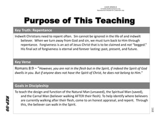 ©IOM AMERICA 
ChristAsLife@iomamerica.org 
Reproduction Allowed for Classroom Use 
168 
Key Truth: Repentance 
IndweltChristians need to repent often. Sin cannot be ignored in the life of and indwelt believer. When we turn away from God and sin, we must turn back to Him through repentance. Forgiveness is an act of Jesus Christ that is to be claimed and not“begged.” His final act of forgiveness is eternal and forever lasting: past, present, and future. 
Key Verse 
Romans 8:9 –“However, you are not in the flesh but in the Spirit, if indeed the Spirit of God dwells in you. But if anyone does not have the Spirit of Christ, he does not belong to Him.” 
Goals in Discipleship 
To teach the design and function of the NaturalMan (unsaved), the Spiritual Man (saved), and the Carnal Man (believer walking AFTER their flesh). To help identify where believers are currently walking after their flesh, come to an honest appraisal, and repent. Through this, the believer can walk in the Spirit. 
REP-99  