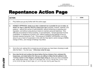 ©IOM AMERICA 
ChristAsLife@iomamerica.org 
Reproduction Allowed for Classroom Use 
180 
REP103 
ACTION 
DONE 
1.Pray before you go any further with this action page. 2.HONEST APPRAISAL leads to as clear a statement as is possible for you to make, as WHAT IS: that is, what the TRUTH is about your ownpurposes, motives, methods, and patterns –without the varnish of self-protection, without enhancing or guarding your reputation, and without using devious means to maintain personal objectives. One difficulty encountered is that of avoiding, or procrastination. Honest appraisal must be undertaken, in obedience to Christ in you, without waiting for the feelings to line up. Honesty requires facing the Truth. The purpose of HONEST APPRAISAL is to bring about in you a heart of cooperation in line with the Holy Spirit in which change of MIND, change of WILL, and change of feelings may follow. 
3.Go to the Lord, asking Him to reveal any and all ways you have been choosing to walk after the flesh –“my own way.” Write down what He says. 4.Now take the list and confess the items before God as choices of sin, embrace His forgiveness, and state before Him that you are willing to follow the list outlined in the “Turning” section on the diagram, and then begin doing so.Once you have completed this, study these verses: Luke 15:11-24; Rom. 6:6, 12-13; 7:22-24; 8:9; 13:14; 1 Cor. 2:14, 3:3; 6:15; Gal. 5:19-21; Eph. 2:1; 4:17-19; Col. 3:9-10; and Titus 3:3.  