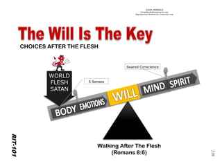 ©IOM AMERICA 
ChristAsLife@iomamerica.org 
Reproduction Allowed for Classroom Use 
210 
CHOICES AFTER THE FLESH 
WORLD 
FLESH 
SATAN 
5 Senses 
Seared Conscience 
Walking After The Flesh 
(Romans 8:6) 
RIT-101  