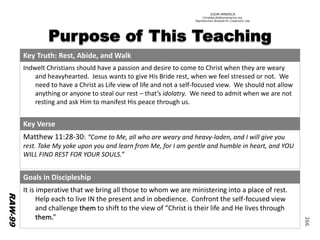©IOM AMERICA 
ChristAsLife@iomamerica.org 
Reproduction Allowed for Classroom Use 
266 
Key Truth: Rest, Abide, and Walk 
IndweltChristians should have a passion and desire to come to Christ when they are weary and heavyhearted. Jesus wants to give His Bride rest, when we feel stressed or not. We need to have a Christ as Life view of life and not a self-focused view. We should not allow anything or anyone to steal our rest –that’s idolatry.We need to admit when we are not resting and ask Him to manifest His peace through us. 
Key Verse 
Matthew11:28-30: “Come to Me, all who are weary and heavy-laden, and I will give you rest. Take My yoke upon you and learn from Me, for I am gentle and humble in heart, and YOU WILL FIND REST FOR YOUR SOULS.” 
Goals in Discipleship 
It is imperative that we bring all those to whom we are ministering intoa place of rest. Help each to live IN the present and in obedience. Confront the self-focused view and challenge them to shift to the view of “Christ is their life and He lives through them.” 
RAW-99  