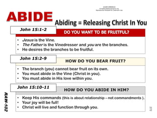 ©IOM AMERICA 
ChristAsLife@iomamerica.org 
Reproduction Allowed for Classroom Use 
John 15:1-2 
•Jesusis the Vine. 
•The Father is the Vinedresserand youare the branches. 
•He desires the branches to be fruitful. 
RAW-102 
HOW DO YOU BEAR FRUIT? 
John 15:2-9 
•The branch (you) cannot bear fruit on its own. 
•You must abide in the Vine (Christ in you). 
•You must abide in His love within you. 
HOW DO YOU ABIDE IN HIM? 
John 15:10-11 
•Keep His commands (this is about relationship –not commandments ). 
•Your joy will be full! 
•Christ will live and function through you. 
272 
 
