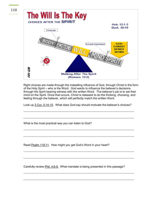 110 
Right choices are made through the indwelling influence of God, through Christ in the form of the Holy Spirit – who is the Word. God wants to influence the believer’s decisions through His Spirit bearing witness with the written Word. The believer’s job is to set their mind on the Spirit. Once that occurs, Christ is released to do the thinking, choosing, and feeling through the believer, which will perfectly match the written Word. 
Look up 2 Cor. 5:14-15. What does God say should motivate the believer’s choices? 
What is the most practical way you can listen to God? 
Read Psalm 119:11. How might you get God’s Word in your heart? 
Carefully review Phil. 4:8-9. What mandate is being presented in this passage? 
 