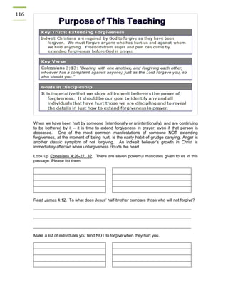 116 
When we have been hurt by someone (intentionally or unintentionally), and are continuing to be bothered by it – it is time to extend forgiveness in prayer, even if that person is deceased. One of the most common manifestations of someone NOT extending forgiveness, at the moment of being hurt, is the nasty habit of grudge carrying. Anger is another classic symptom of not forgiving. An indwelt believer’s growth in Christ is immediately affected when unforgiveness clouds the heart. 
Look up Ephesians 4:26-27, 32. There are seven powerful mandates given to us in this passage. Please list them. 
Read James 4:12. To what does Jesus’ half-brother compare those who will not forgive? 
Make a list of individuals you tend NOT to forgive when they hurt you. 
 