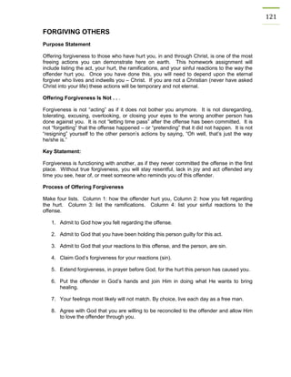 121 
FORGIVING OTHERS 
Purpose Statement 
Offering forgiveness to those who have hurt you, in and through Christ, is one of the most freeing actions you can demonstrate here on earth. This homework assignment will include listing the act, your hurt, the ramifications, and your sinful reactions to the way the offender hurt you. Once you have done this, you will need to depend upon the eternal forgiver who lives and indwells you – Christ. If you are not a Christian (never have asked Christ into your life) these actions will be temporary and not eternal. 
Offering Forgiveness Is Not . . . 
Forgiveness is not “acting” as if it does not bother you anymore. It is not disregarding, tolerating, excusing, overlooking, or closing your eyes to the wrong another person has done against you. It is not “letting time pass” after the offense has been committed. It is not “forgetting” that the offense happened – or “pretending” that it did not happen. It is not “resigning” yourself to the other person’s actions by saying, “Oh well, that’s just the way he/she is.” 
Key Statement: 
Forgiveness is functioning with another, as if they never committed the offense in the first place. Without true forgiveness, you will stay resentful, lack in joy and act offended any time you see, hear of, or meet someone who reminds you of this offender. 
Process of Offering Forgiveness 
Make four lists. Column 1: how the offender hurt you, Column 2: how you felt regarding the hurt. Column 3: list the ramifications. Column 4: list your sinful reactions to the offense. 
1. Admit to God how you felt regarding the offense. 
2. Admit to God that you have been holding this person guilty for this act. 
3. Admit to God that your reactions to this offense, and the person, are sin. 
4. Claim God’s forgiveness for your reactions (sin). 
5. Extend forgiveness, in prayer before God, for the hurt this person has caused you. 
6. Put the offender in God’s hands and join Him in doing what He wants to bring healing. 
7. Your feelings most likely will not match. By choice, live each day as a free man. 
8. Agree with God that you are willing to be reconciled to the offender and allow Him to love the offender through you. 
 