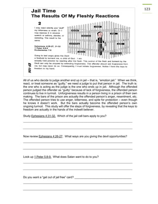 123 
All of us who decide to judge another end up in jail – that is, “emotion jail.” When we think, react, or treat someone as “guilty,” we need a judge to put that person in jail. The truth is: the one who is acting as the judge is the one who ends up in jail. Although the offended person judged the offender as “guilty” because of lack of forgiveness, the offended person continues to live in turmoil. Unforgiveness results in a person living in a prison of their own making. The bars of the prison are actually the offended person’s anger, resentment, etc. The offended person tries to use anger, bitterness, and spite for protection – even though he knows it doesn’t work. But the bars actually become the offended person’s own ongoing turmoil. This study will offer the steps of forgiveness, by revealing that the keys to freedom are actually in the hands of the indwelt believer. 
Study Ephesians 4:31-32. Which of the jail cell bars apply to you? 
Now review Ephesians 4:26-27. What ways are you giving the devil opportunities? 
Look up 1 Peter 5:8-9. What does Satan want to do to you? 
Do you want a “get out of jail free” card? ____________________________________ 
 