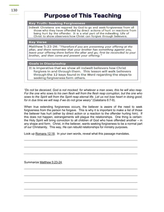 130 
“Do not be deceived, God is not mocked; for whatever a man sows, this he will also reap. For the one who sows to his own flesh will from the flesh reap corruption, but the one who sows to the Spirit will from the Spirit reap eternal life. Let us not lose heart in doing good, for in due time we will reap if we do not grow weary” (Galatians 6:7-9). 
When true extending forgiveness occurs, the believer is aware of the need to seek forgiveness from the person he forgave. This is why it is important to make a list of those the believer has hurt (either by direct action or a reaction to the offender hurting him). If this does not happen, estrangements will plague the relationships. One thing is certain: the Holy Spirit will bring conviction to all children of God who have offended another – in any shape and form. Christ, in the believer, wants seeking forgiveness to be a normal part of our Christianity. This way, He can rebuild relationships for ministry purposes. 
Look up Romans 12:18. In your own words, reveal what this passage mandates. 
Summarize Matthew 5:23-24. 
 
