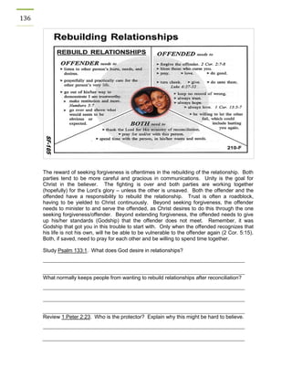 136 
The reward of seeking forgiveness is oftentimes in the rebuilding of the relationship. Both parties tend to be more careful and gracious in communications. Unity is the goal for Christ in the believer. The fighting is over and both parties are working together (hopefully) for the Lord’s glory – unless the other is unsaved. Both the offender and the offended have a responsibility to rebuild the relationship. Trust is often a roadblock, having to be yielded to Christ continuously. Beyond seeking forgiveness, the offender needs to minister to and serve the offended, as Christ desires to do this through the one seeking forgiveness/offender. Beyond extending forgiveness, the offended needs to give up his/her standards (Godship) that the offender does not meet. Remember, it was Godship that got you in this trouble to start with. Only when the offended recognizes that his life is not his own, will he be able to be vulnerable to the offender again (2 Cor. 5:15). Both, if saved, need to pray for each other and be willing to spend time together. 
Study Psalm 133:1. What does God desire in relationships? 
What normally keeps people from wanting to rebuild relationships after reconciliation? 
Review 1 Peter 2:23. Who is the protector? Explain why this might be hard to believe. 
 