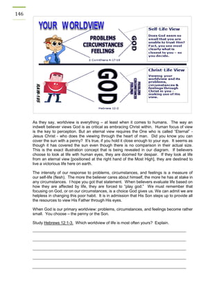 146 
As they say, worldview is everything – at least when it comes to humans. The way an indwelt believer views God is as critical as embracing Christ within. Human focus of view is the key to perception. But an eternal view requires the One who is called “Eternal” - Jesus Christ - who does the viewing through the heart of man. Did you know you can cover the sun with a penny? It’s true, if you hold it close enough to your eye. It seems as though it has covered the sun even though there is no comparison in their actual size. This is the exact illustration concept that is being revealed in our diagram. If believers choose to look at life with human eyes, they are doomed for despair. If they look at life from an eternal view [positioned at the right hand of the Most High], they are destined to live a victorious life here on earth. 
The intensity of our response to problems, circumstances, and feelings is a measure of our self-life (flesh). The more the believer cares about himself, the more he has at stake in any circumstances. I hope you got that statement. When believers evaluate life based on how they are affected by life, they are forced to “play god.” We must remember that focusing on God, or on our circumstances, is a choice God gives us. We can admit we are helpless in changing this poor habit. It is in admission that His Son steps up to provide all the resources to view His Father through His eyes. 
When God is our primary worldview: problems, circumstances, and feelings become rather small. You choose – the penny or the Son. 
Study Hebrews 12:1-3. Which worldview of life is most often yours? Explain. 
 