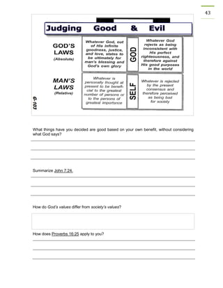 43 
What things have you decided are good based on your own benefit, without considering what God says? 
Summarize John 7:24. 
How do God’s values differ from society’s values? 
How does Proverbs 16:25 apply to you? 
 