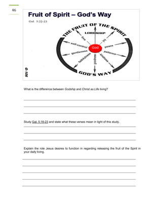46 
What is the difference between Godship and Christ as Life living? 
Study Gal. 5:16-23 and state what these verses mean in light of this study. 
Explain the role Jesus desires to function in regarding releasing the fruit of the Spirit in your daily living. 
 