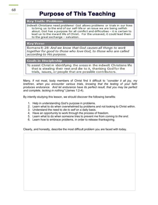 68 
Many, if not most, body members of Christ find it difficult to “consider it all joy, my brethren, when you encounter various trials, knowing that the testing of your faith produces endurance. And let endurance have its perfect result, that you may be perfect and complete, lacking in nothing” (James 1:2-4). 
By intently studying this lesson, we should discover the following benefits: 
1. Help in understanding God’s purpose in problems. 
2. Learn what to do when overwhelmed by problems and not looking to Christ within. 
3. Understand the need to die to self on a daily basis. 
4. Have an opportunity to work through the process of freedom. 
5. Learn what to do when someone tries to prevent me from coming to the end. 
6. Learn how to embrace problems, in order to release thanksgiving. 
Clearly, and honestly, describe the most difficult problem you are faced with today. 
 