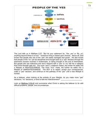 73 
The Lord tells us in Matthew 5:37: "But let your statement be, 'Yes, yes' or 'No, no'; anything beyond these is of evil.” Victorious living is based upon choices. Above all, God knows that people who are of the “yes” are easily managed and grown. He also knows that people of the “no” can be disciplined and brought back to a “yes” decision through the downward process involved in brokenness, or being brought to the end of themselves. But people who are indecisive and won’t respond with a “yes” or “no” fall into a category that Christ Himself calls evil. The more “yes’s” a believer makes, the further he walks into a lifestyle of RIGHTEOUSNESS. The more “no’s” made, the further he walks into a lifestyle of UNRIGHTEOUSNESS. The KEY is to repent, accept your consequences, make a “yes” decision, and continue on the pathway of the “yes” until a new lifestyle is formed. 
As a believer, when looking at the entirety of your lifestyle, do you make more “yes” decisions, “no” decisions, or tend to fall into indecisiveness? ______________________ 
Look up Matthew 5:39-42 and summarize what Christ is asking the believer to do with difficult problems, people, and circumstances. 
 