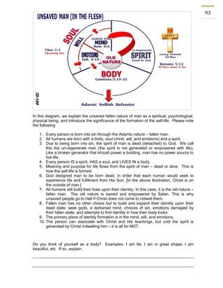 93 
In this diagram, we explain the unsaved fallen nature of man as a spiritual, psychological, physical being, and introduce the significance of the formation of the self-life. Please note the following: 
1. Every person is born into sin through the Adamic nature – fallen man. 
2. All humans are born with a body, soul (mind, will, and emotions) and a spirit. 
3. Due to being born into sin, the spirit of man is dead (detached) to God. We call this the un-regenerate man (the spirit is not generated or empowered with life). Like a broken generator that should power a building, man has no power source to live life. 
4. Every person IS a spirit, HAS a soul, and LIVES IN a body. 
5. Meaning and purpose for life flows from the spirit of man – dead or alive. This is how the self-life is formed. 
6. God designed man to be born dead, in order that each human would seek to experience life and fulfilment from His Son. [In the above illustration, Christ is on the outside of man.] 
7. All humans will build their lives upon their identity. In this case, it is the old nature – fallen man. The old nature is owned and empowered by Satan. This is why unsaved people go to Hell if Christ does not come to indwell them. 
8. Fallen man has no other choice but to build and expand their identity upon their dead state: seek gods, a darkened mind, choices of sin, emotions damaged by their fallen state, and attempts to find identity in how their body looks. 
9. The primary place of identity formation is in the mind, will, and emotions. 
10. The person can associate with Christ and His teachings, but until the spirit is generated by Christ indwelling him – it is all for NOT. 
Do you think of yourself as a body? Examples: I am fat, I am in great shape, I am beautiful, etc. If so, explain. 
 