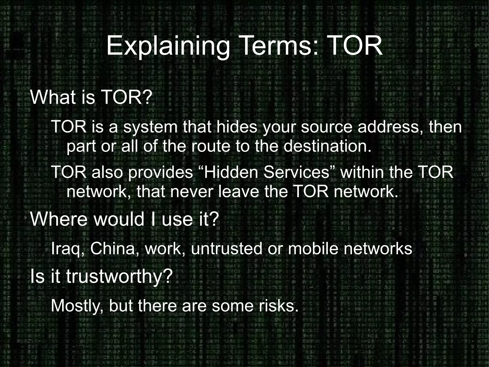 Example: SSH Port Forwarding Local: His port transferred to my system Local: His port transferred to my system Remote: My port transferred to his system 