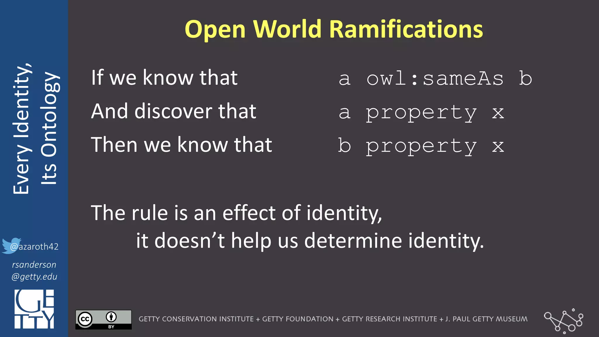 @azaroth42
rsanderson
@getty.edu
IIIF:	
  Interoperabilituy
Every	
  Identity,
Its	
  Ontology
@azaroth42
rsanderson
@getty.edu
Open	
  World	
  Ramifications
If	
  we	
  know	
  that	
  	
  	
  	
  	
  	
  	
  	
  	
  	
  	
  	
  	
  	
   a owl:sameAs b
And	
  discover	
  that	
  	
  	
  	
  	
  	
  	
  	
  	
  	
  	
  	
   a property x
Then	
  we	
  know	
  that	
  	
  	
  	
  	
  	
  	
  	
  	
   b property x
The	
  rule	
  is	
  an	
  effect	
  of	
  identity,	
  
it	
  doesn’t	
  help	
  us	
  determine	
  identity.
 