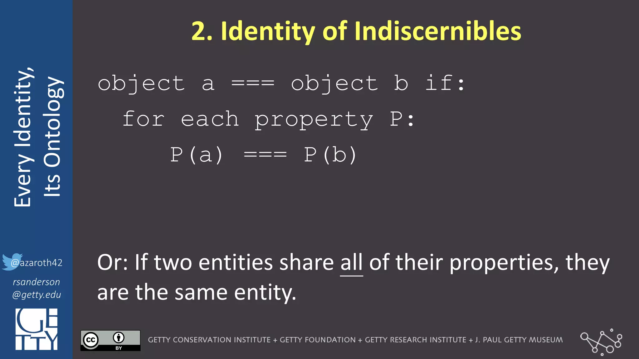 @azaroth42
rsanderson
@getty.edu
IIIF:	
  Interoperabilituy
Every	
  Identity,
Its	
  Ontology
@azaroth42
rsanderson
@getty.edu
2.	
  Identity	
  of	
  Indiscernibles
object a === object b if:
for each property P:
P(a) === P(b)
Or:	
  If	
  two	
  entities	
  share	
  all of	
  their	
  properties,	
  they	
  
are	
  the	
  same	
  entity.
 