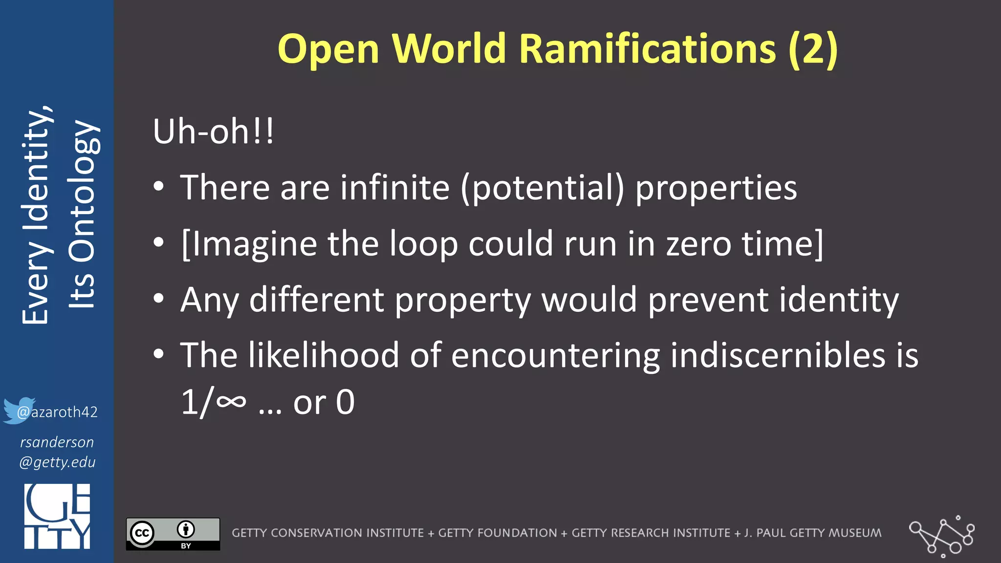 @azaroth42
rsanderson
@getty.edu
IIIF:	
  Interoperabilituy
Every	
  Identity,
Its	
  Ontology
@azaroth42
rsanderson
@getty.edu
Open	
  World	
  Ramifications	
  (2)
Uh-­‐oh!!
• There	
  are	
  infinite	
  (potential)	
  properties
• [Imagine	
  the	
  loop	
  could	
  run	
  in	
  zero	
  time]
• Any	
  different	
  property	
  would	
  prevent	
  identity
• The	
  likelihood	
  of	
  encountering	
  indiscernibles is	
  
1/∞	
  …	
  or	
  0
 