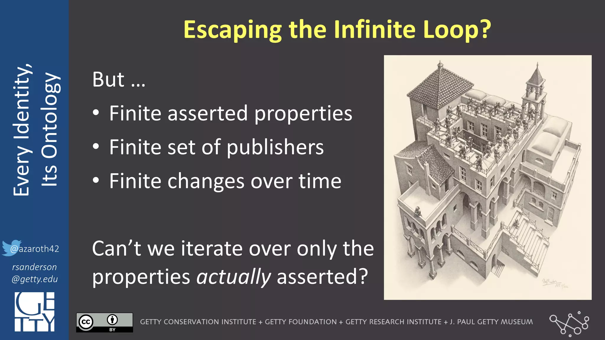 @azaroth42
rsanderson
@getty.edu
IIIF:	
  Interoperabilituy
Every	
  Identity,
Its	
  Ontology
@azaroth42
rsanderson
@getty.edu
Escaping	
  the	
  Infinite	
  Loop?
But	
  …
• Finite	
  asserted	
  properties
• Finite	
  set	
  of	
  publishers
• Finite	
  changes	
  over	
  time
Can’t	
  we	
  iterate	
  over	
  only	
  the	
  
properties	
  actually asserted?
 