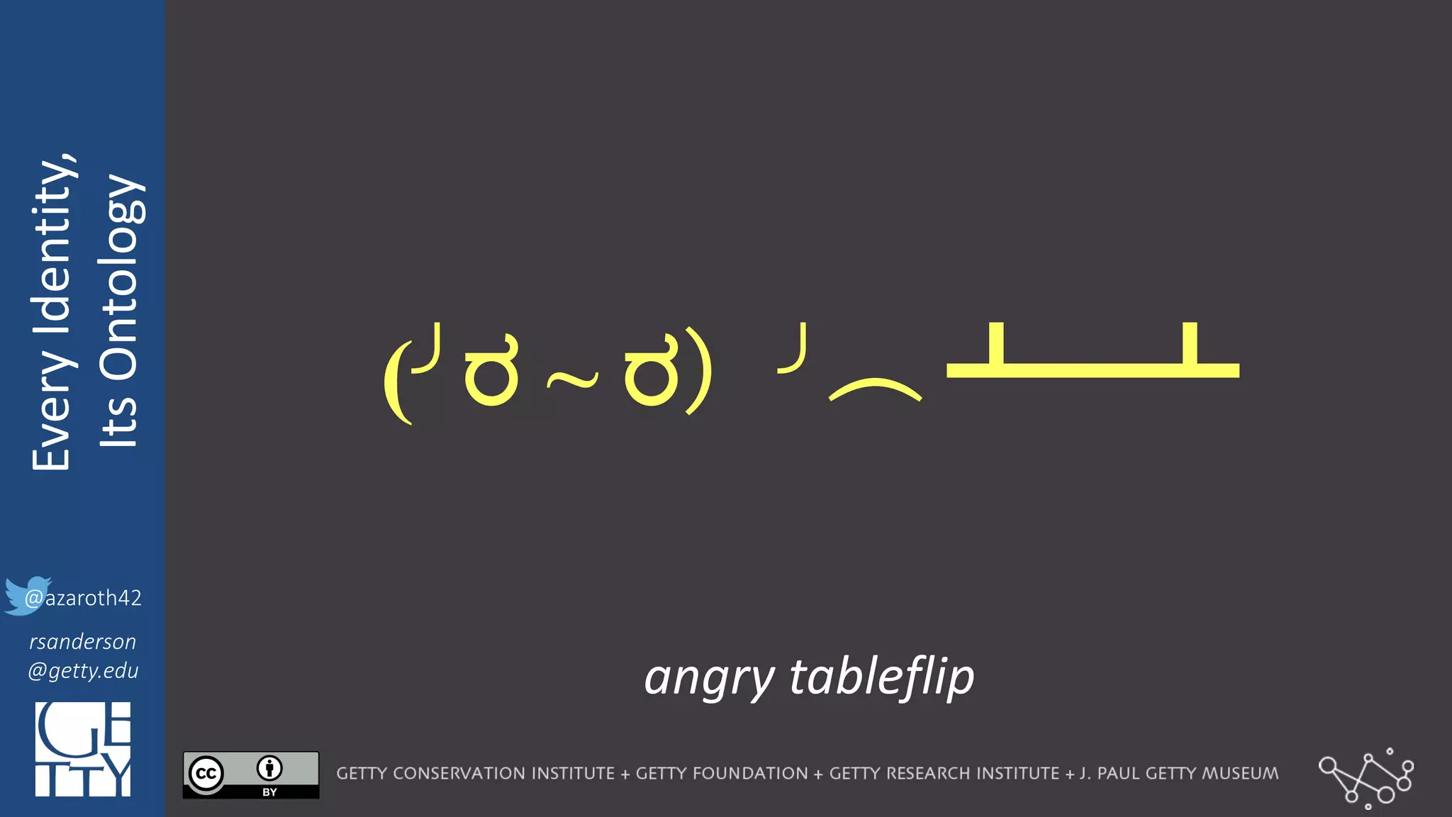 @azaroth42
rsanderson
@getty.edu
IIIF:	
  Interoperabilituy
Every	
  Identity,
Its	
  Ontology
@azaroth42
rsanderson
@getty.edu
(╯ರ ~ ರ）╯︵ ┻━┻
angry	
  tableflip
 