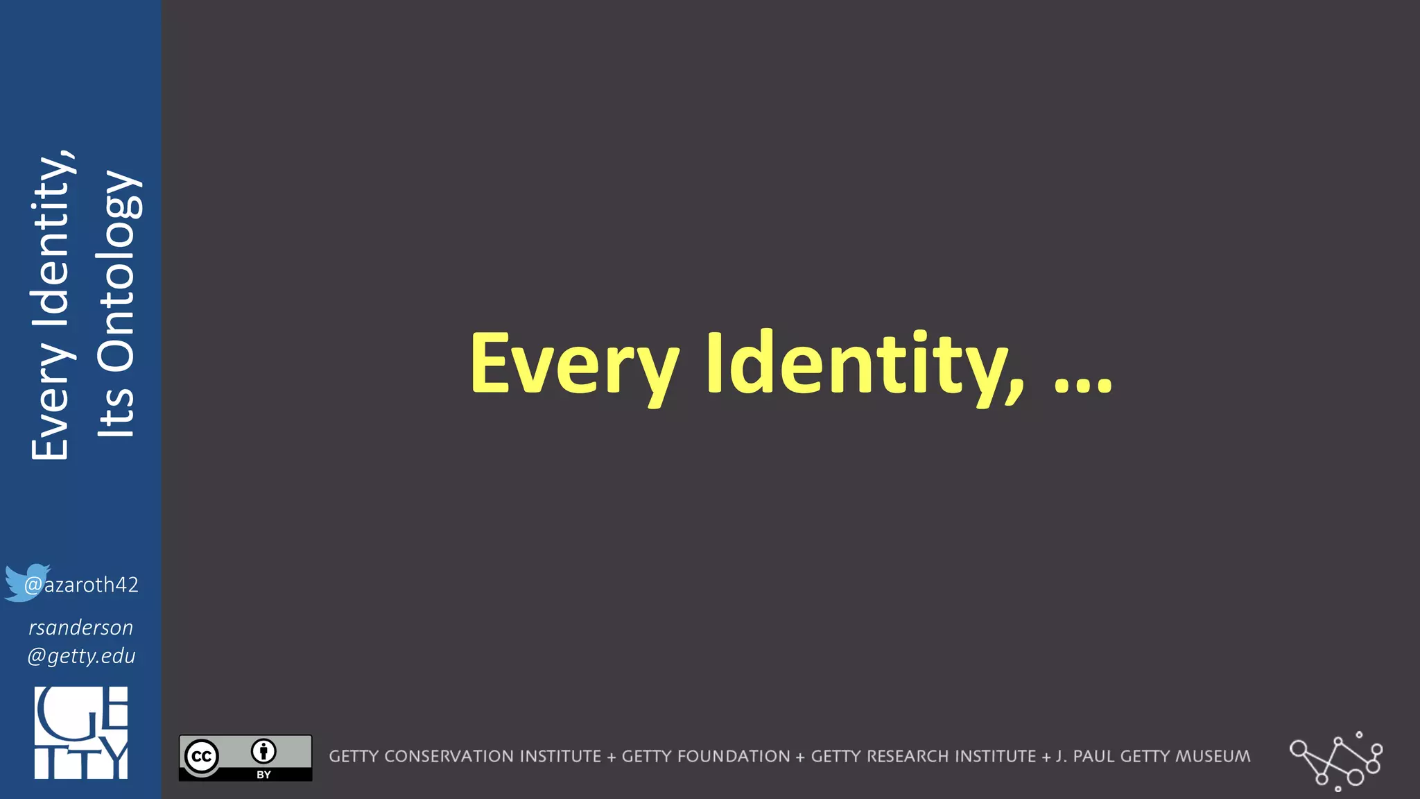 @azaroth42
rsanderson
@getty.edu
IIIF:	
  Interoperabilituy
Every	
  Identity,
Its	
  Ontology
@azaroth42
rsanderson
@getty.edu
Every	
  Identity,	
  …
 