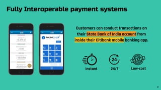 Customers can conduct transactions on
their State Bank of India account from
inside their Citibank mobile banking app.
Fully Interoperable payment systems
Instant 24/7 Low-cost
21
 