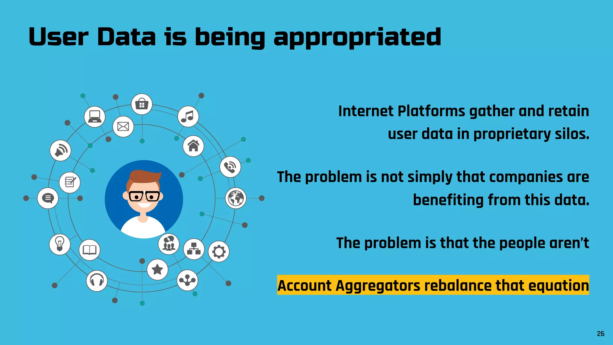 User Data is being appropriated
Internet Platforms gather and retain
user data in proprietary silos.
The problem is not simply that companies are
benefiting from this data.
The problem is that the people aren’t
Account Aggregators rebalance that equation
26
 