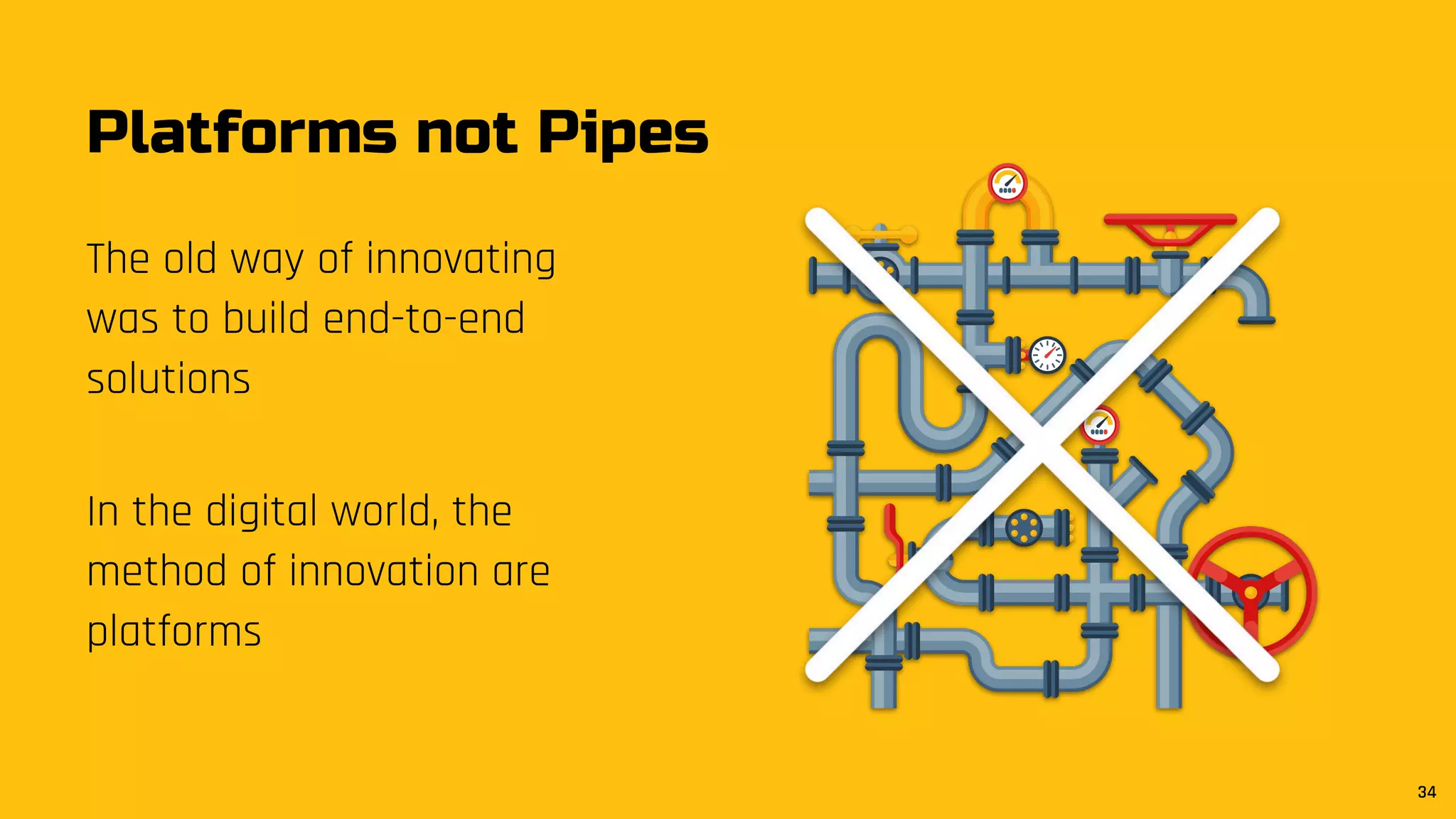 Platforms not Pipes
The old way of innovating
was to build end-to-end
solutions
In the digital world, the
method of innovation are
platforms
34
 