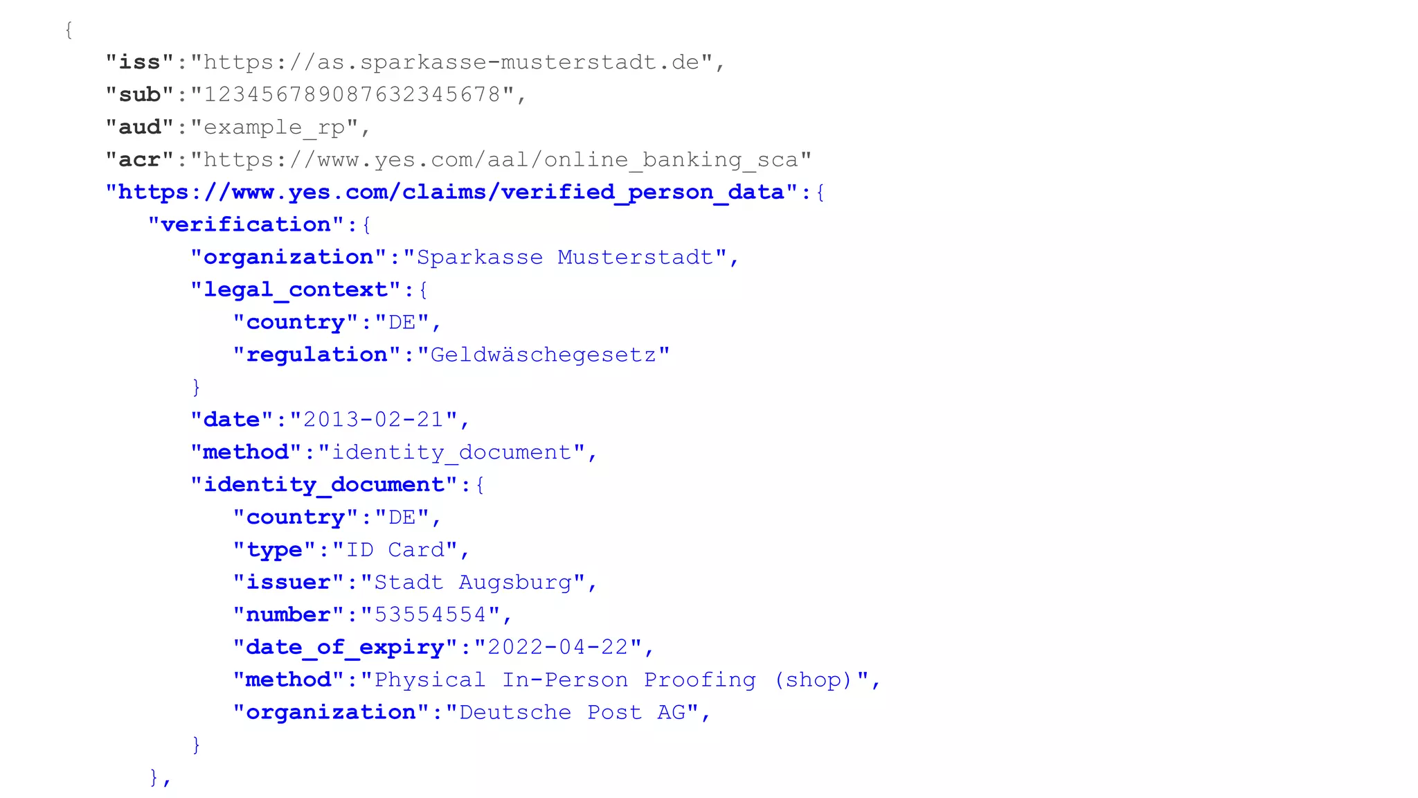 {
"iss":"https://as.sparkasse-musterstadt.de",
"sub":"123456789087632345678",
"aud":"example_rp",
"acr":"https://www.yes.com/aal/online_banking_sca"
"https://www.yes.com/claims/verified_person_data":{
"verification":{
"organization":"Sparkasse Musterstadt",
"legal_context":{
"country":"DE",
"regulation":"Geldwäschegesetz"
}
"date":"2013-02-21",
"method":"identity_document",
"identity_document":{
"country":"DE",
"type":"ID Card",
"issuer":"Stadt Augsburg",
"number":"53554554",
"date_of_expiry":"2022-04-22",
"method":"Physical In-Person Proofing (shop)",
"organization":"Deutsche Post AG",
}
},
 