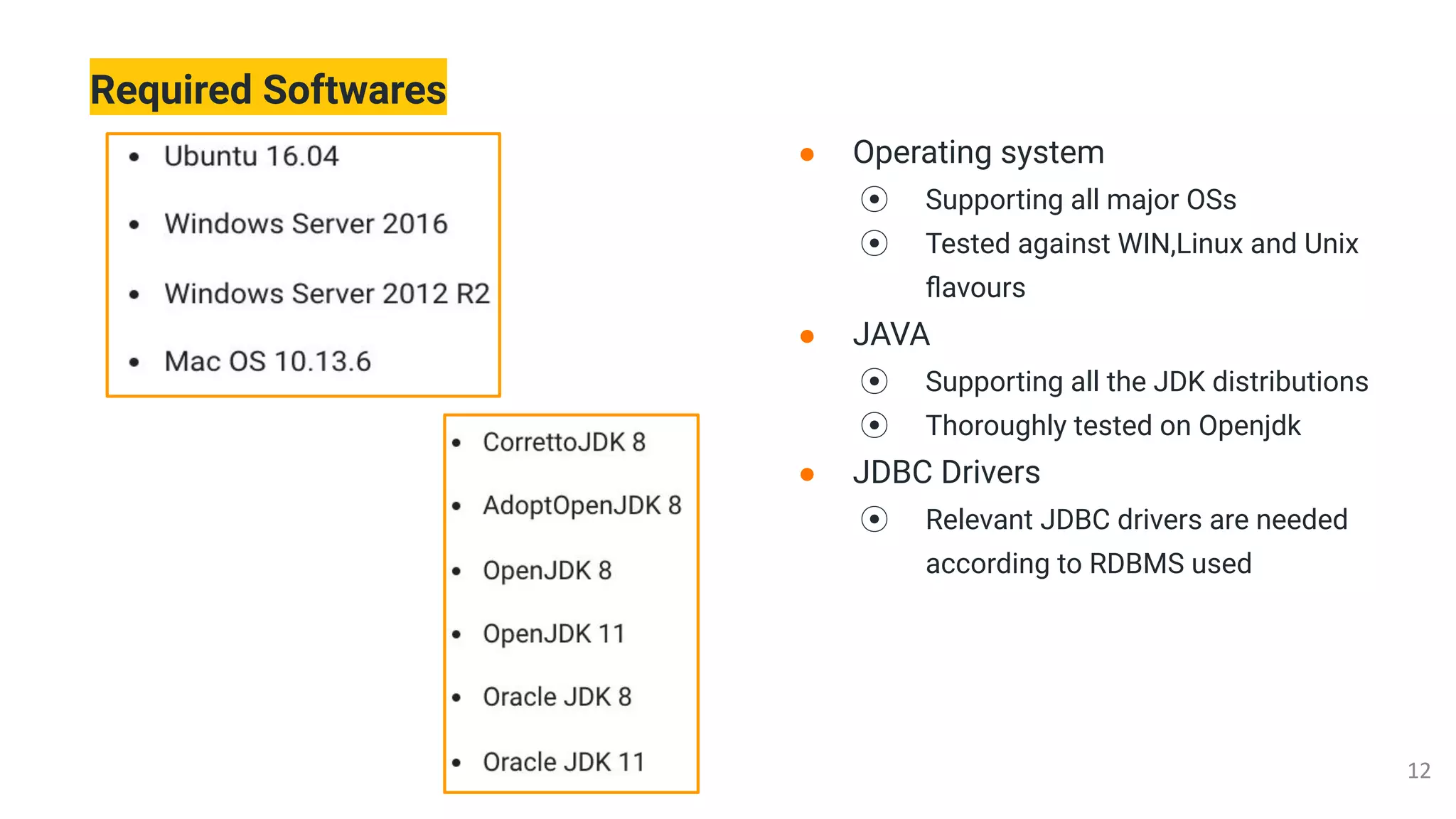 Required Softwares
● Operating system
⦿ Supporting all major OSs
⦿ Tested against WIN,Linux and Unix
ﬂavours
● JAVA
⦿ Supporting all the JDK distributions
⦿ Thoroughly tested on Openjdk
● JDBC Drivers
⦿ Relevant JDBC drivers are needed
according to RDBMS used
 