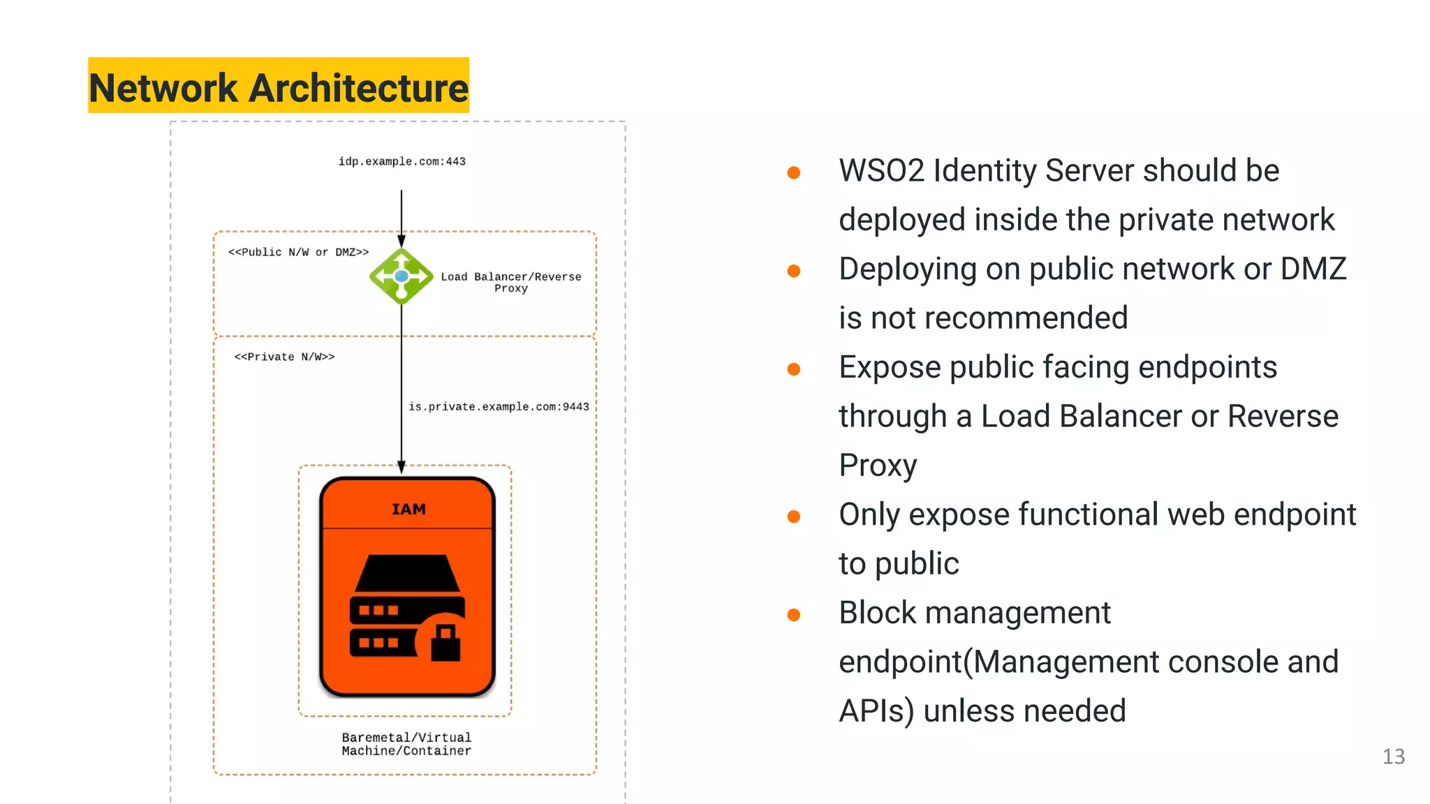 Network Architecture
● WSO2 Identity Server should be
deployed inside the private network
● Deploying on public network or DMZ
is not recommended
● Expose public facing endpoints
through a Load Balancer or Reverse
Proxy
● Only expose functional web endpoint
to public
● Block management
endpoint(Management console and
APIs) unless needed
 