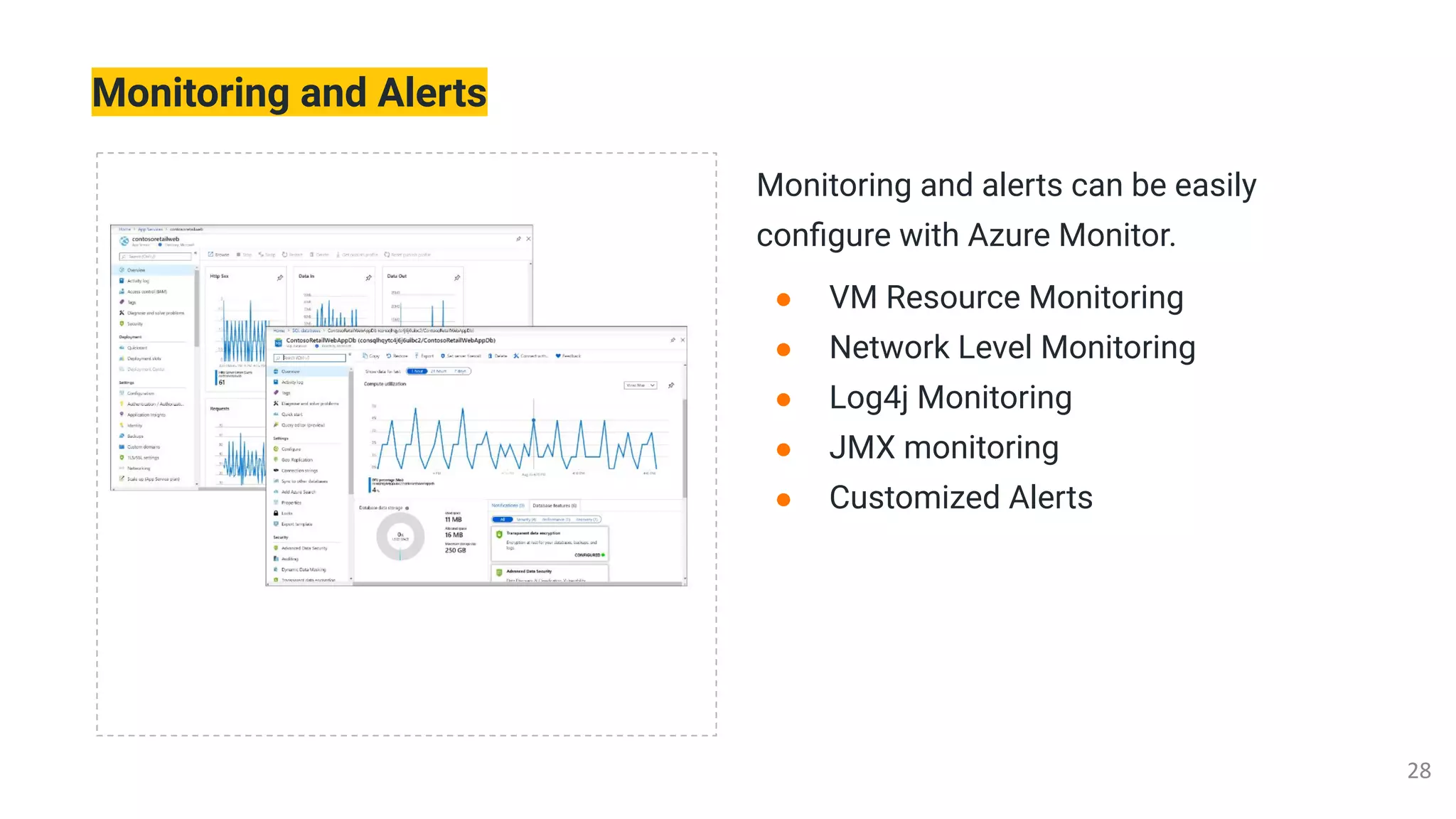 Monitoring and Alerts
Monitoring and alerts can be easily
conﬁgure with Azure Monitor.
● VM Resource Monitoring
● Network Level Monitoring
● Log4j Monitoring
● JMX monitoring
● Customized Alerts
 