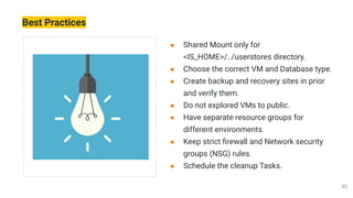 Best Practices
● Shared Mount only for
<IS_HOME>/../userstores directory.
● Choose the correct VM and Database type.
● Create backup and recovery sites in prior
and verify them.
● Do not explored VMs to public.
● Have separate resource groups for
different environments.
● Keep strict ﬁrewall and Network security
groups (NSG) rules.
● Schedule the cleanup Tasks.
 