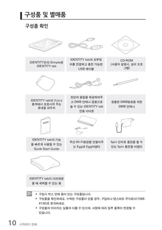 구성품 및 별매품
       구성품 확인




                              IDENTITY tab과 외부장         CD-ROM
         IDENTITY만의 Simple한
                              치를 연결하고 충전 가능한        (사용자 설명서, 설치 프로
             IDENTITY tab
                                  USB 케이블                 그램)




                              최상의 음질을 제공하여주
         IDENTITY tab의 기스나    고 DMB 안테나 겸용으로        원활한 DMB방송을 위한
          충격에서 보호시켜 주는
             휴대용 파우치          쓸 수 있는 IDENTITY tab      DMB 안테나
                                   전용 이어폰




         IDENTITY tab의 기능
                              무선 Wi-Fi환경을 만들어주      5pin 단자로 충전을 할 수
         을 빠르게 사용할 수 있는
                               는 Egg와 Egg어댑터        있는 5pin 충전용 어댑터
          Quick Start Guide




        IDENTITY tab이 더러워졌
          을 때 세척할 수 있는 융


            ƒ 구입시 박스 안에 들어 있는 구성품입니다.
            ƒ 구성품을 확인하세요. 누락된 구성품이 있을 경우, 구입처나 엔스퍼트 주식회사(1588-
              6136)로 문의하세요.
            ƒ 구성품의 이미지는 실물과 다를 수 있으며, 사정에 따라 일부 품목이 변경될 수
              있습니다.


10   시작하기 전에
 