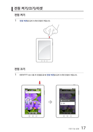 전원 켜기/끄기/리셋
전원 켜기

1   전원 버튼을 길게 누르면 전원이 켜집니다.




전원 끄기

1   IDENTITY tab 사용 후 전원을 끌 때 전원 버튼을 길게 누르면 전원이 꺼집니다.




                                             기본 기능 설명   17
 