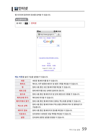 인터넷
웹 사이트에 접속하여 정보를 검색할 수 있습니다.

  실행하려면

 홈 화면       인터넷




메뉴 버튼을 눌러 기능을 설정할 수 있습니다.

    새창       새로운 웹 페이지를 열 수 있습니다.
   북마크       북마크, 자주 방문한 페이지 및 방문 기록을 확인할 수 있습니다.
     창       현재 사용 중인 모든 웹 페이지를 확인할 수 있습니다.
   새로고침      현재 페이지를 최신 상태로 업데이트 합니다.
   앞으로       현재 사용 중인 웹 페이지의 앞 단계 화면으로 이동할 수 있습니다.
 북마크에 추가     북마크에 추가할 수 있습니다.
페이지에서 찾기     현재 사용 중인 웹 페이지에서 원하는 텍스트를 검색할 수 있습니다.
             현재 사용 중인 웹 페이지에서 텍스트를 선택하여 복사 및 붙여넣기가
  텍스트 선택
             가능합니다.
  페이지 정보     현재 사용 중인 웹 페이지의 정보를 확인할 수 있습니다.
   다운로드      인터넷에서 내려받은 파일 목록을 확인할 수 있습니다.
    설정       인터넷에 관련된 설정을 변경할 수 있습니다.




                                         부가 기능 설명    59
 
