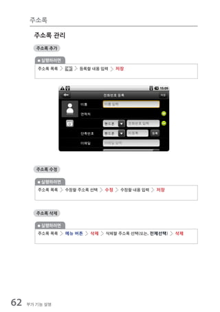 주소록

       주소록 관리
        주소록 추가

         실행하려면
        주소록 목록       등록할 내용 입력     저장




        주소록 수정

         실행하려면
        주소록 목록   수정할 주소록 선택   수정    수정할 내용 입력   저장




        주소록 삭제

         실행하려면
        주소록 목록   메뉴 버튼   삭제   삭제할 주소록 선택(또는, 전체선택)   삭제




62   부가 기능 설명
 
