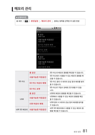 메모리 관리

 실행하려면

홈 화면         환경설정      메모리 관리   원하는 항목을 선택한 후 설정 변경




            총 공간            SD 카드의 메모리 용량을 확인할 수 있습니다.
                            SD 카드에서 사용할 수 있는 메모리 용량을 확
            사용가능한 저장공간
                            인할 수 있습니다.
  SD 카드                     SD 카드 분리 시 데이터 손실 등의 에러를 방지
            SD 카드 마운트 해제
                            할 수 있습니다.
                            SD 카드르 구입시 상태로 초기화할 수 있습
            SD 카드 포맷
                            니다.
            총 공간            USB의 메모리 용량을 확인할 수 있습니다.
                            USB에서 사용할 수 있는 메모리 용량을 확인
            사용가능한 저장공간
   USB                      할 수 있습니다.
                            USB 분리 시 데이터 손실 등의 에러를 방지할
            USB 마운트 해제
                            수 있습니다.
                            내부 SD 메모리에서 사용할 수 있는 메모리 용
내부 SD 메모리   사용가능한 저장공간
                            량을 확인할 수 있습니다.




                                              환경 설정    81
 