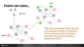 © 2016 ForgeRock. All rights reserved.
Future use cases...
The very immediate future will see
an increased number of devices,
API’s, services and interactions
that will need authX functions
applying to them
API
Device
User
 