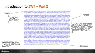 © 2016 ForgeRock. All rights reserved.
Introduction to JWT – Part 2
l
Integrate – but with caution
l
Correlate to known data
Header
Payload
Signature
{
typ: "JWT",
alg: "HS256"
} {
"expiryTime":14688417398
58,"UserId":"smoff","AuthLe
vel":"0","Locale":"en_GB","
HostName":"127.0.0.1",
...}
fvD2FTo57RZp7MdoH
7vyVBmS_533TXriKNi
bawEf9SY
 