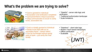 © 2016 ForgeRock. All rights reserved.
What’s the problem we are trying to solve?

“Stateful” - server side logic and
verification

Traditional authorization landscape

Scale limitations

Card is granted to individual

Association and verification completed

Card presented to shop to purchase

Shop communicates to issuer to verify
funds, association etc

Cash is initially granted to individual

Needs to be kept safe as no
secondary factor – bearer token!

Can be exchanged without going
back to bank – just verify the note
locally

“Stateless” - client side logic

Modern mesh based interactions

Offline verification

Scaleable
 