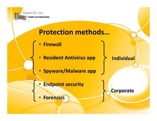 Protection methods…
• Firewall

• Resident Antivirus app   Individual

• Spyware/Malware app

• Endpoint sec rit
  Endpoint security
                           Corporate
• Forensics
 