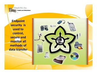 Endpoint 
 security  is 
   used to 
   control, 
      t l
 secure and 
 monitor all 
 monitor all
 methods of 
data transfer
 